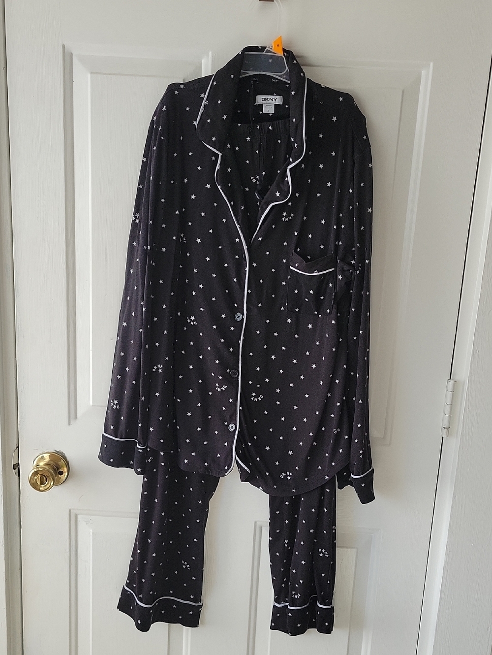 DKNY Black Star-Print Pajama Set with White Piping
